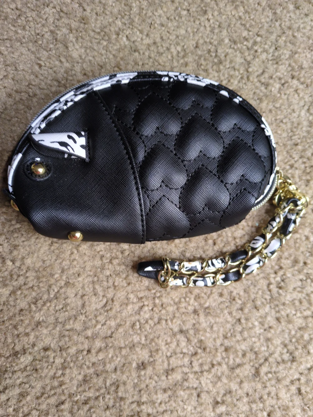 Betsey Johnson Black Quilted Heart Wristlet with Gold Chain Strap